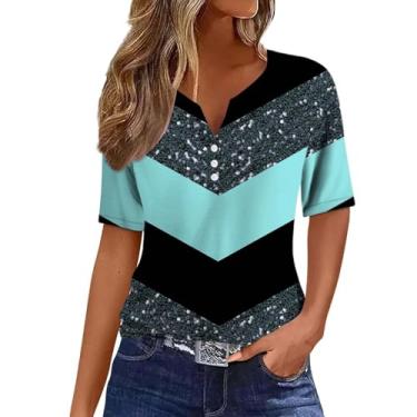 Imagem de Camisetas femininas de verão 2024 com gola V moderna e manga curta, estampa de patchwork, túnica solta, Azul-celeste, XXG
