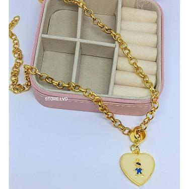 Imagem de Colar Filhos Corrente Elo Português Folheado Ouro com Pingente Coração Madrepérola Menina Menino Cordão Mães Presente