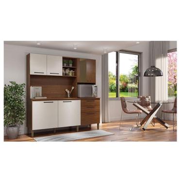 Imagem de Kit Cozinha Ambiente Mega com Tampo Nogueira Off White Ripado - Kits Paraná