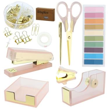 Imagem de MultiBey Grampeador e dispensador de fita adesiva de acrílico dourado rosa com notas adesivas, 950 grampos e fita, removedor de grampo, tesoura, caneta esferográfica, conjunto de clipes de papel para
