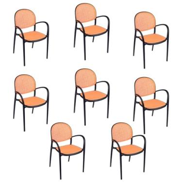 Imagem de Loft7 Home Decor, Kit 8 Cadeiras Jantar Cozinha Cafeteria com Braços Mumbai Tela Palha Plástico - Preto