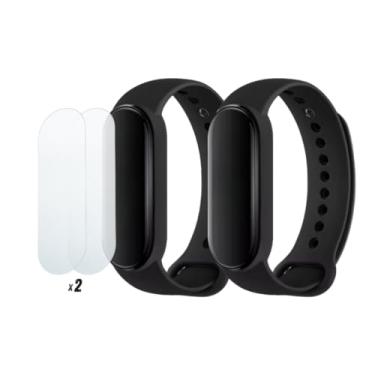 Imagem de Kit 2 Pulseiras extras compatíveis com xiaomi mi band 4 / mi band 5 / mi band 6 / mi band 7 / mi band 8 / mi band 9 + 2x Película Protetora Gel Ultra-Slim (Preto+Preto Mi band 5/Mi band 6/Mi band 7 +2x peliculas)