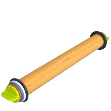 Imagem de Aguegro Rolo de massa com anel de espessura ajustável, espessura de massa para assar, fondant, pizza, crosta, biscoitos, pastelaria, rolo de madeira de 30 cm com 4 anéis de espessura multicoloridos