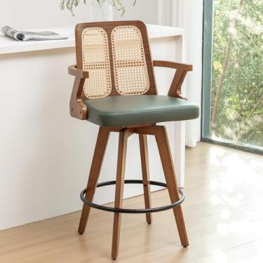 Imagem de ALLFONIS Conjunto de 1 banquinho de bar – banco de bar giratório de vime de 68 cm com encosto de bengala, braços curvos, assento estofado, pernas de bambu ajustáveis, banco de bar de cozinha para