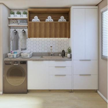 Imagem de Lavanderia Modulada com Armário Aéreo,1 Balcão e 1 Armário Multiuso 100% MDF Marquesa Branco/Marrom