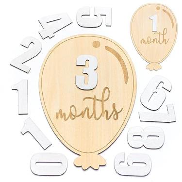 Imagem de Cartões de marcos mensais para bebês – Discos de madeira para marcos mensais – Adereços de fotografia para recém-nascidos para documentar o crescimento do seu bebê – Placa de anúncio do bebê (balão)