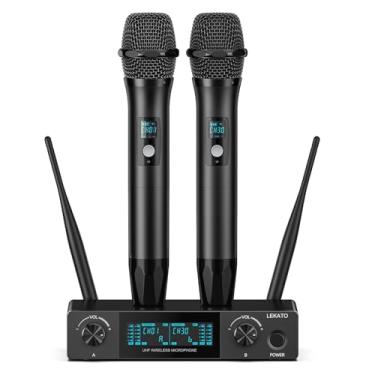 Imagem de LEKATO Microfone sem fio profissional sistema de microfone sem fio para cantar metal UHF sem fio duplo portátil microfone sem fio plug and play microfone dinâmico para casa KTV, festa de DJ, casamento