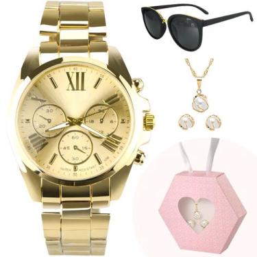 Imagem de Relogio dourado aço inox + oculos de sol + colar e brincos original ca