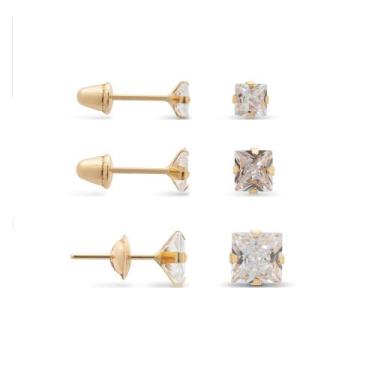 Imagem de Kit 3 Pares Brincos de Ouro 18K Ice Branco Quadrado Zircônias de 3, 4 