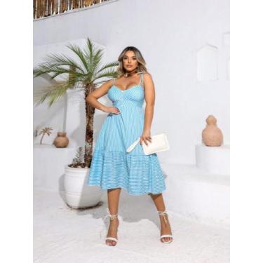 Imagem de Vestido midi com botoes no busto cod:2041 - LALOKA, Azul, Branco, M