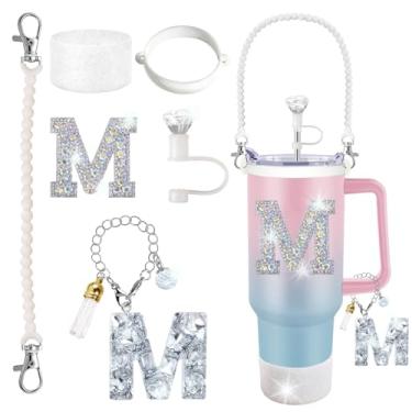 Imagem de Stanley Cup Accessories 850.5 g 1,134 g Glitter Silver, capa de canudo de diamante, pingente de letra, adesivo de letra, bota de silicone, suporte com alça incluído para copo Stanley