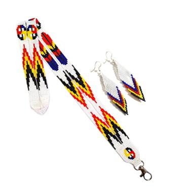 Imagem de Cordão de contas com brincos de contas combinando, cordão de estilo nativo americano, porta-crachá com contas, porta-cartão de identificação, Branco, tamanho �nico