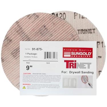 Imagem de Sungold Abrasives Discos de lixamento de óxido de alumínio estearizado 91-875-060 Trinet Mesh 60 Grão Gancho e Loop para lixadeiras de drywall, pacote com 10, 22,86 cm