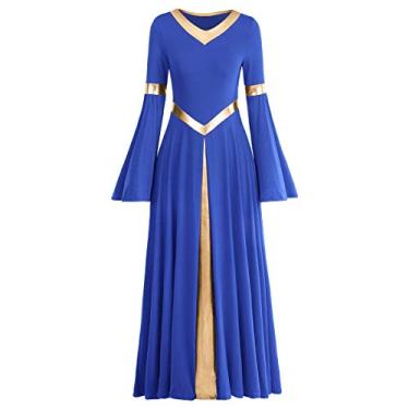 Imagem de Vestidos de dança de louvor metálicos para mulheres, litúrgico, lírico, sino, manga comprida, vestido de dança, adoração, fantasia, Azul royal, XX-Large