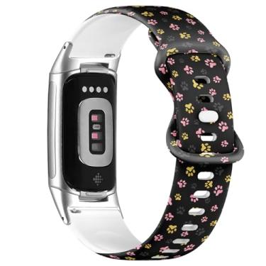 Imagem de Pulseira de silicone macio compatível com Fitbit Charge 5/Fitbit Charge 6 (estampa de pata de cachorro) para mulheres e homens