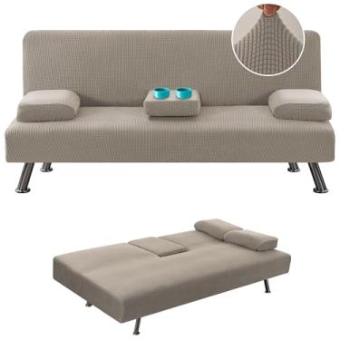 Imagem de H.VERSAILTEX 4 capas elásticas para futon para sofá-cama com apoios de braços removíveis e porta-copos protetor de móveis, tecido jacquard xadrez pequeno, de alto elastano, cinza-acinzentado