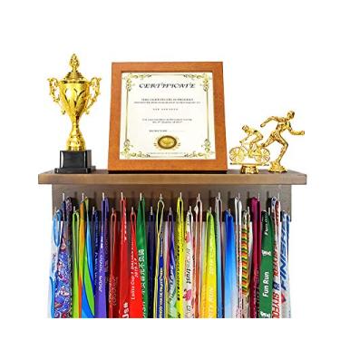 Imagem de Prêmios esportivos de exibição de prateleira de troféu de medalha. Prateleira de madeira perfeita tudo-em 1 por 25 peças de ganchos de aço. Suportes de medalhas resistentes para ginasta Basquete Baseball Futebol Honras de montagem na parede Fácil de instalar