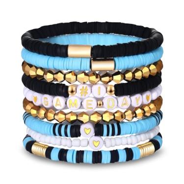 Imagem de VOGUEKNOCK Pacote com 9 pulseiras femininas empilháveis Heishi com contas elásticas para fãs de futebol americano, esportes, jogos, equipes, joias, acessórios, presentes, one size, Vinil, Sem Pedra