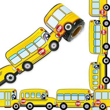 Imagem de Whaline Bordas de quadro de avisos de ônibus escolar de 10 metros amarelo desenho animado ônibus cortado acabamento de borda enrolada para decoração de quadro negro de volta às aulas sala de aula casa