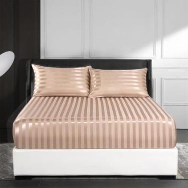 Imagem de ZiDeTang Jogo de cama Queen com 3 peças de cetim sedoso - respirável e refrescante, confortável, hotel, luxuoso, macio, sem rugas, cor cáqui