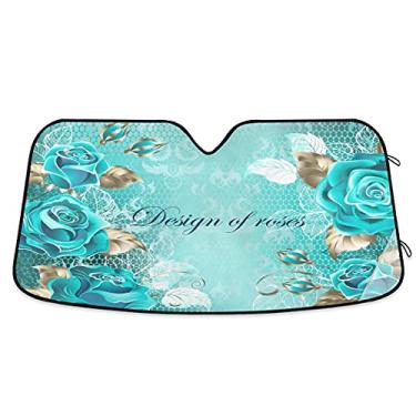 Imagem de Protetor solar para para-brisa de carro com estampa de flores de rosa turquesa, protetor solar dobrável mantém seu veículo fresco, serve para para-brisas da maioria dos tamanhos