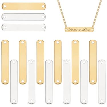 Imagem de BENECREAT 32 peças de etiqueta em branco com estampagem de metal, pingentes retangulares dourados prateados com 2 furos, pingente de placa de nome para artesanato DIY