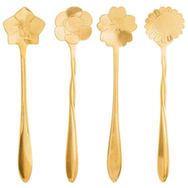 Imagem de Conjunto de Colheres para Chá Wolff Flores em Aço Inox Dourado - 4 Peças