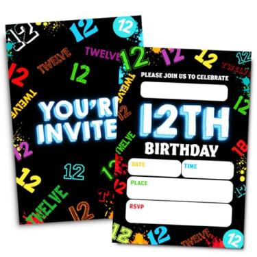 Imagem de Doguiei Convites de festa de aniversário de 12 anos, cartão neon de convites de 12 anos para meninos e meninas (30 cartões e 30 envelopes)
