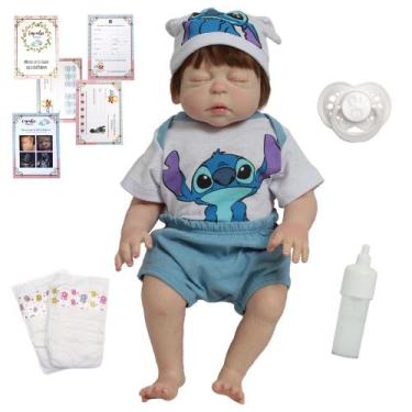 Imagem de Boneco Reborn Menino Roupa Stitch Com Chupeta 11 Acessórios - Cegonha 