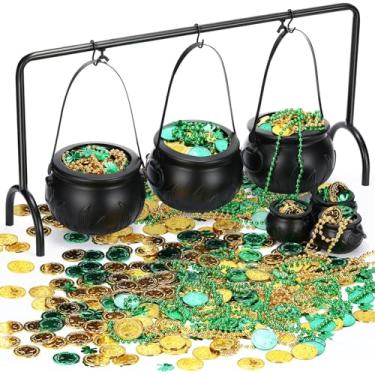 Imagem de Civaner 347 peças, pote de ouro para o dia de São Patrício, 6 caldeirões de duende pretos pendurados com rack de ferro, 200 moedas de ouro de plástico, 10 colares de contas, 130 confetes de trevo para