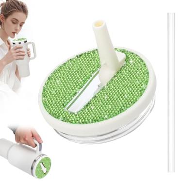 Imagem de SAVORI Tampa de canudo dobrável de 850 g para Stanley Quencher H2.0, tampa à prova de vazamento de strass de 850 g para Stanley Tumber, tampas antiderramamento para copo Stanley (strass verde-creme,