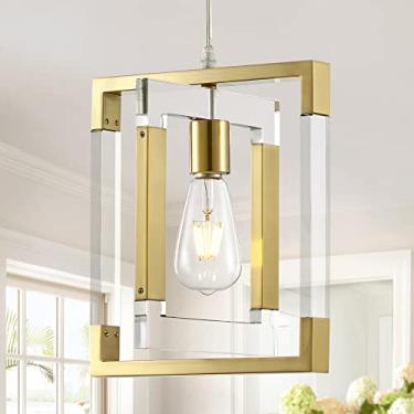 Imagem de SRJJRS Luminária Pendente Dourada, Luminárias Pendentes Modernas Em Formato De Gaiola Com Acabamento Em Latão Escovado, Pequeno Lustre Dourado Para Sala De Jantar, Ilha De Cozinha, Restaurante, Entr
