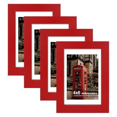 Imagem de SZYUU Conjunto de 4 porta-retratos 10 x 15 cm, vidro real de alta definição, exiba imagens de 9 x 12 cm com tapete ou 10 x 15 cm sem tapete, molduras para pendurar na parede ou mesa, vermelho
