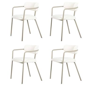 Imagem de Kit 4 Cadeiras Girona Com Braços Fratini Encosto Assento Tecido Nude Bouclé Estrutura Aço Champagne
