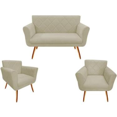 Imagem de Kit Namoradeira + 2 Poltronas Decorativa Sabrina Suede Bege Pés Madeir
