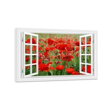 Imagem de MUHJDYC Imagem de janela falsa - impressões de arte de parede da natureza - linda pintura de paisagem de campo de flores vermelhas pôsteres de janela falsa para escritório sala de estar pronto para
