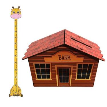 Imagem de Kit Infantil Régua de Medição Girafa + Cofre Casa para Poupar  Decoraç