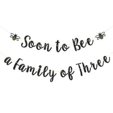 Imagem de Talorine Banner Soon to Bee a Family of Three Banner preto com glitter com tema abelha doce abelha revelação de gênero chá de bebê decoração de festa anúncio de gravidez mamãe para abelha papai para