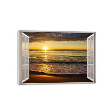 Imagem de Imagem de parede de paisagem com vista de janela - Nuvens Mar Praia - Pintura da natureza em tela - Impressões em tela modernas prontas para pendurar tela emoldurada 50x70cm20x27in