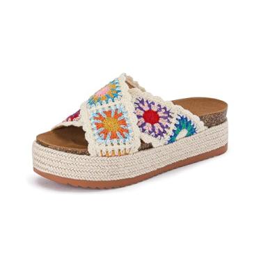 Imagem de Coutgo Sandálias Femininas De Plataforma, Alpargatas, Flatform, Cortiça, Floral, Crochê, Bico Aberto, Praia, Verão