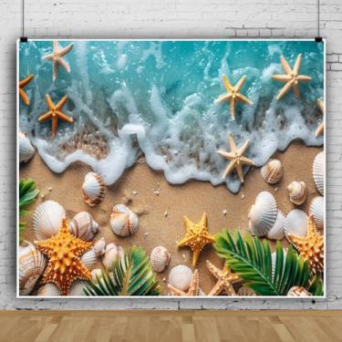 Imagem de Pano de fundo de praia de verão 3 x 2,4 m spray marítimo estrela-do-mar conchas havaianas para decorações de festa Luau aniversário chá de bebê adereços de cabine de fotos retrato sessão de fotos