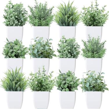 Imagem de Unittype 12 plantas falsas pequenas plantas artificiais para prateleira, mini vaso de plástico vegetal para casa, escritório, banheiro, quarto, decoração interna (cinza)