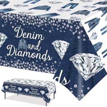 Imagem de Conjunto de toalha de mesa de plástico com tema de festa de jeans e diamante – 2 peças, jeans e decoração de festa de aniversário com tema de diamante e suprimentos de despedida de solteira