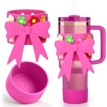 Imagem de AIERSA Conjunto de acessórios de copo rosa choque para Stanley 1,134 g, capa de silicone incluída com 6 pingentes de flores e bota para Stanley 1,134 g