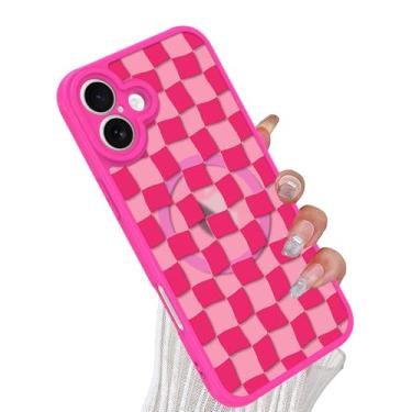 Imagem de tharlet Capa magnética para iPhone 16 Plus com grades rosa choque quadriculado xadrez [compatível com MagSafe] Proteção de lente de câmera fosca translúcida fina para iPhone 16 Plus, rosa choque (6,7