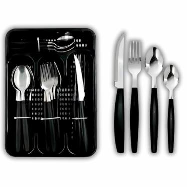Imagem de Conjunto de Talheres 25 Peças em Aço Inox, Cabo Preto, com Porta-Talheres, 6 Garfos, 6 Facas, 6 Colheres de Mesa, 6 Colheres de Chá