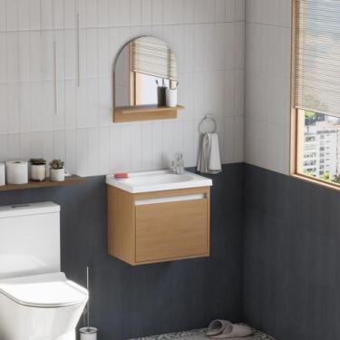 Imagem de Gabinete de Banheiro Montado em Madeira Branco c/ Lavatório e Espelhei