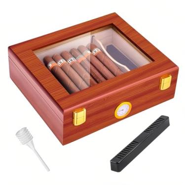 Imagem de Caixa de umidificador de charuto de mesa, umidificador de charuto de vidro com higrômetro, umidificador e divisor, umidificador de cedro espanhol, caixa de charutos de madeira comporta 20-30 charutos,