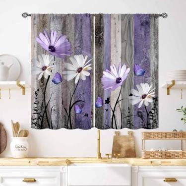 Imagem de Cortinas de cozinha de margarida de fazenda, fundo de tábuas rústicas retrô, flores roxas, cortinas de celeiro, tratamento para quarto, sala de estar, banheiro, janela, 69,8 cm L x 99 cm, conjunto de