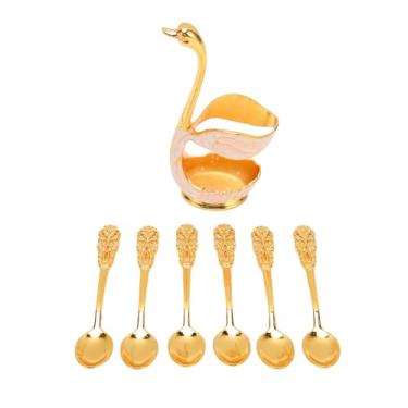 Imagem de Conjunto de Talheres de Cisne, Colher de café de Alumínio Dourado Com Suporte de Base de Cisne, Conjunto de Colher de café, Elegante Sobremesa de Ouro Colheres de Zinco de Liga